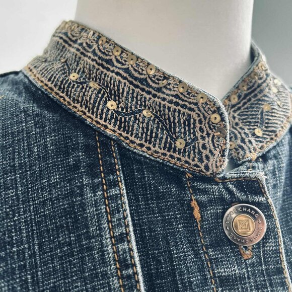 Simon Chang Indigo Embellished Luxe Denim Jacket with Gold Detailing – US 10 - Picture 12 of 13